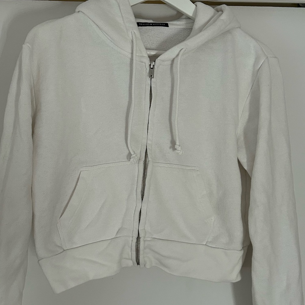 Brandy Melville Cropped White Zip-Up Hoodie